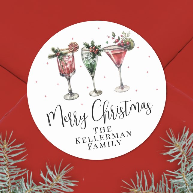 Pegatina Redonda Cócteles Festivos Feliz Navidad (Festive Cocktails Merry Christmas Classic Round Sticker)