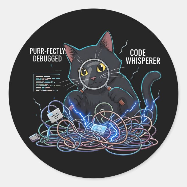 Pegatina Redonda Code Whisperer Developer Cat Round Black Stickers (Anverso)