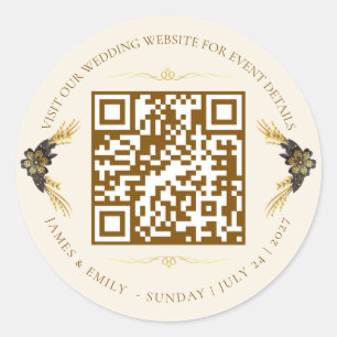 Pegatina Redonda Código QR de boda elegante negro y dorado