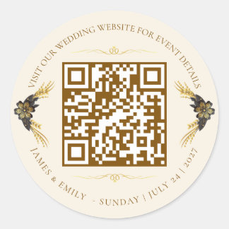 Pegatina Redonda Código QR de boda elegante negro y dorado