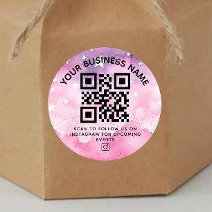 Pegatina Redonda Código QR de Instagram rosa y texto personalizado