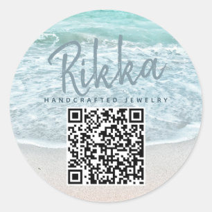 Pegatina Redonda Código QR de joyería artesanal de playa con océano