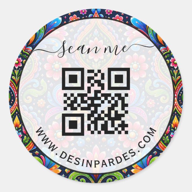Pegatina Redonda Código QR de negocio personalizado y sitio web (Anverso)