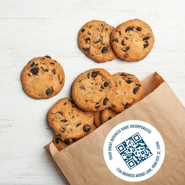 Pegatina Redonda Código QR promocional comercial Azul (Business sticker label with a scannable QR code template. )