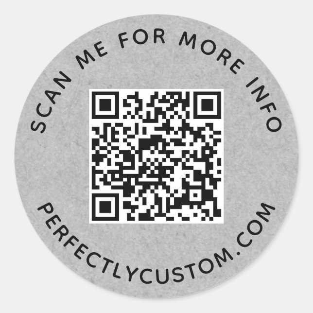 Pegatina Redonda Código QR y papel gris de texto personalizado (Anverso)