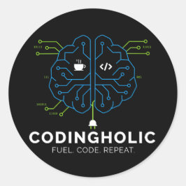 Pegatina Redonda Codingholic Cerebro Tecnológico Programador Oscuro