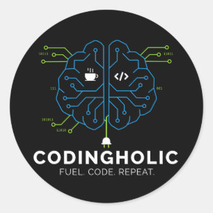 Pegatina Redonda Codingholic Cerebro Tecnológico Programador Oscuro