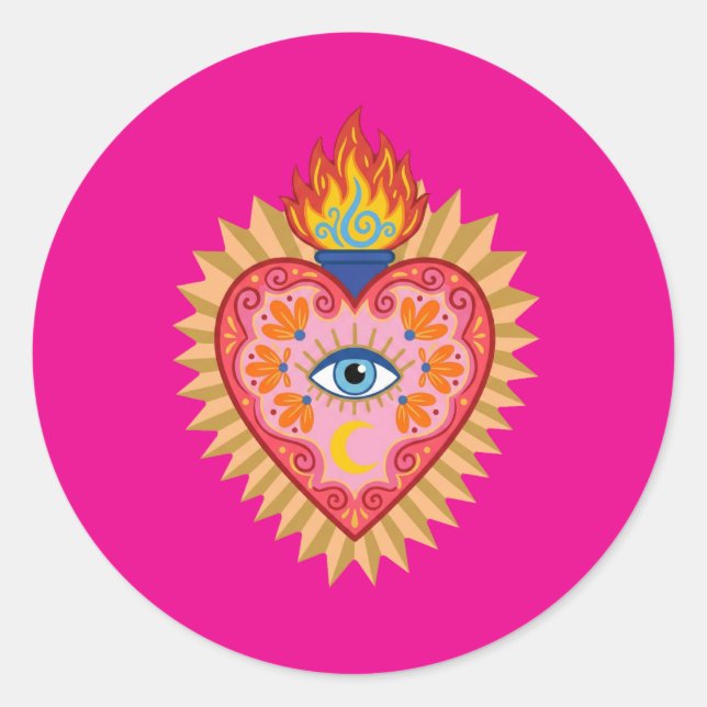 Pegatina Redonda Cœur Sacré Mexicain avec Œil Protecteur et Flamme  (Anverso)