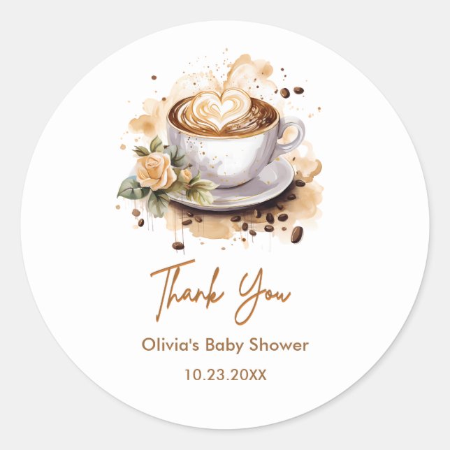 Pegatina Redonda Coffee Baby is Brewing Baby Shower Thank You (Anverso)