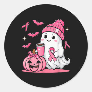 Pegatina Redonda Coffee con bebida fantasma Halloween Cáncer de Mam
