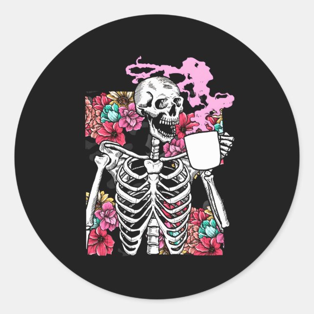 Pegatina Redonda Coffee de Halloween Skeleton Skull (Anverso)