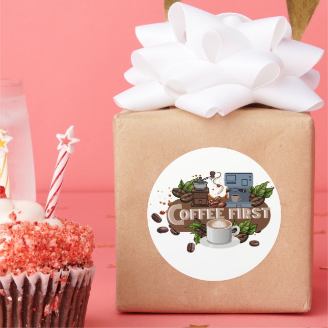 Pegatina Redonda Coffee First – Morning Motivation for True Caffein (Fiesta)