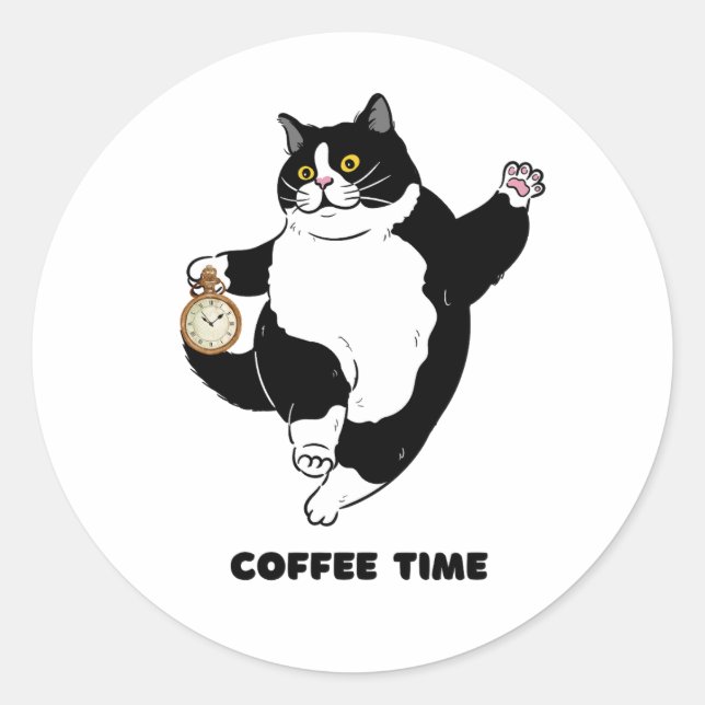 Pegatina Redonda Coffee Time Black Cat para introvertidos | Pegatin (Anverso)