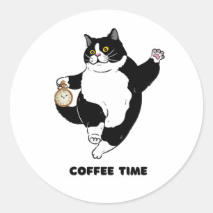 Pegatina Redonda Coffee Time Black Cat para introvertidos Pegatin