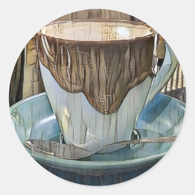 Pegatina Redonda Coffee Time Cubism Art, Coffee Mug (Anverso)