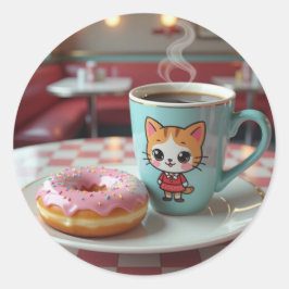 Pegatina Redonda Coffee y donut judos en retro diner