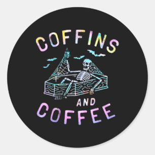 Pegatina Redonda Coffins Y Café Funny Skeleton Tie Dye Retro Ha