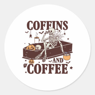 Pegatina Redonda Coffins Y Coffee Funny Skeleton Halloween