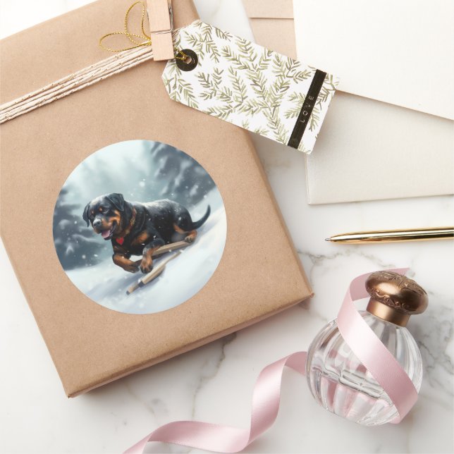Pegatina Redonda Cojín decorativo de invierno de rottweiler Navidad (Regalar)