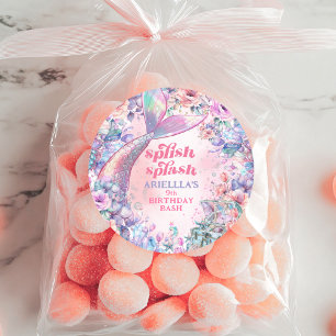 Pegatina Redonda Cola de Sirena con Brillo de Flor para 9 Cumpleaño