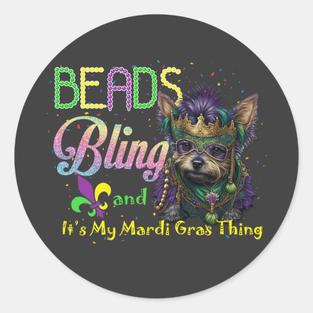 Pegatina Redonda Colas Bling Yorkie Mardi Gras Carnaval Mascarada (Anverso)