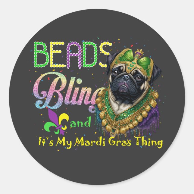 Pegatina Redonda Colas de bolas de peluche Pug Mardi Gras Carnaval  (Anverso)