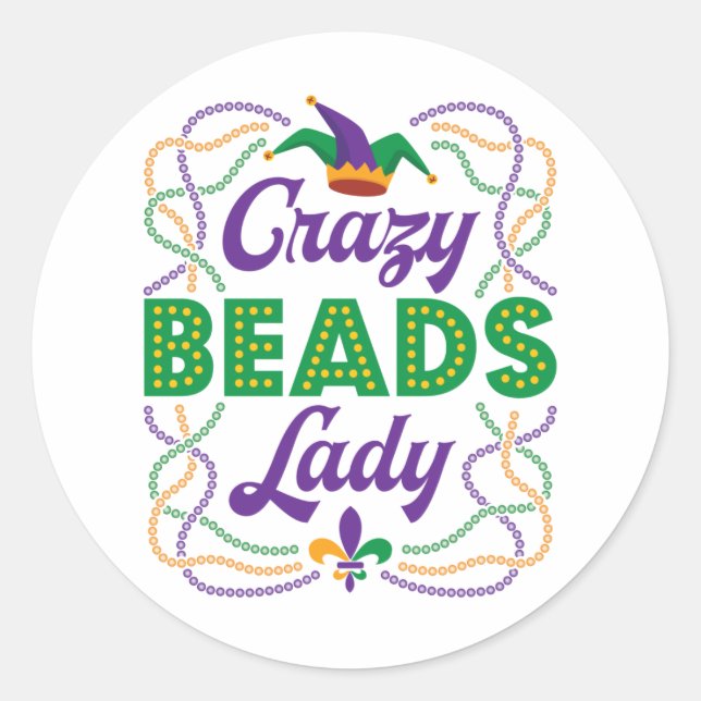 Pegatina Redonda Colas Locas Lady Mardi Gras Bead Lover (Anverso)