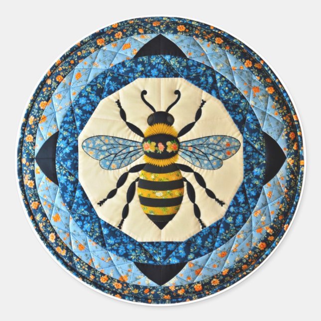 Pegatina Redonda Colcha de abeja de miel azul (Anverso)