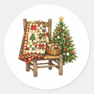 Pegatina Redonda Colcha de Navidad en acuarela y árbol de Navidad