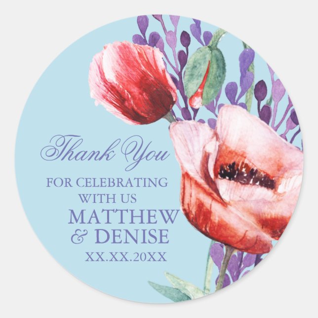 Pegatina Redonda Colección de amapola con fondo azul del azúcar de  (Anverso)