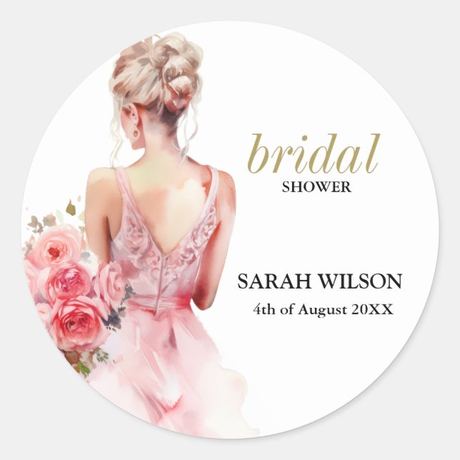 Pegatina Redonda Colección de bata de Boda de acuarela Rosa floral (Anverso)