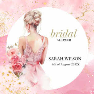 Pegatina Redonda Colección de bata de Boda de acuarela Rosa floral