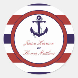 Pegatina Redonda Colección de Bodas de Anchor Náutico Rojo y Marina
