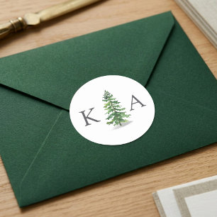 Pegatina Redonda Colección de Bodas del bosque de pinos acuarela