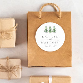 Pegatina Redonda Colección de Bodas del bosque de pinos acuarela