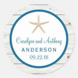 Pegatina Redonda Colección Starfish Whitewashed Wood Beach Wedding