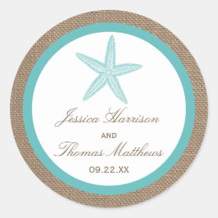 Pegatina Redonda Colección Turquoise Starfish Burlap Beach Wedding