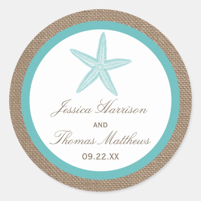 Pegatina Redonda Colección Turquoise Starfish Burlap Beach Wedding (Anverso)