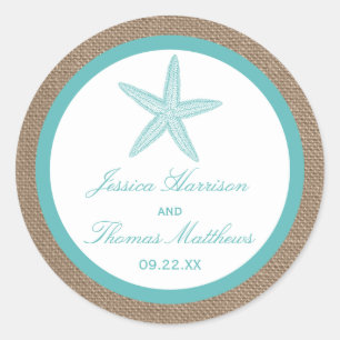 Pegatina Redonda Colección Turquoise Starfish Burlap Beach Wedding