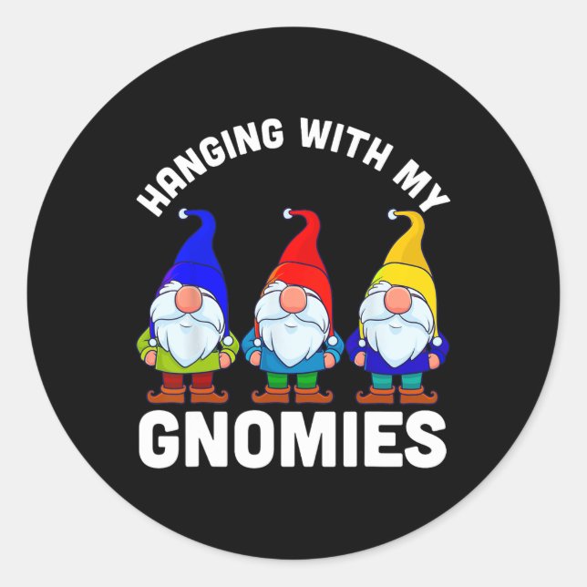 Pegatina Redonda Colgando Con Mis Gnomías (Anverso)