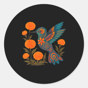 Pegatina Redonda Colibrí Alebrije Flor Arte Popular Mexicano Pájaro
