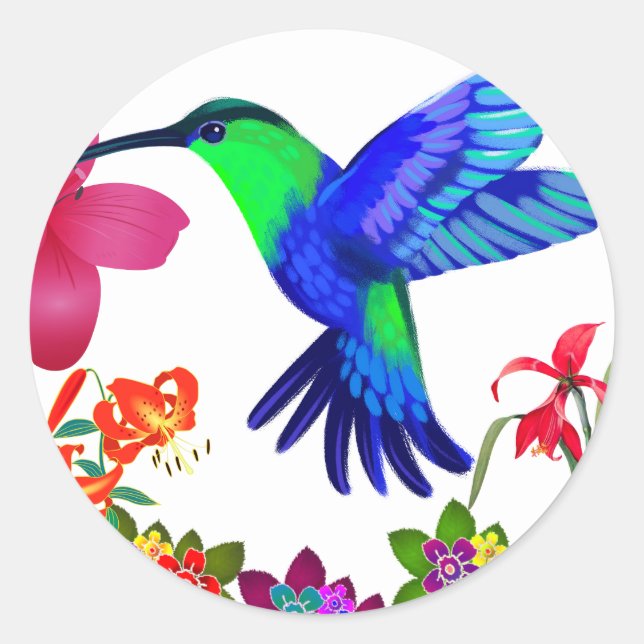 Pegatina Redonda Colibrí en medio de la belleza de la naturaleza, a (Anverso)
