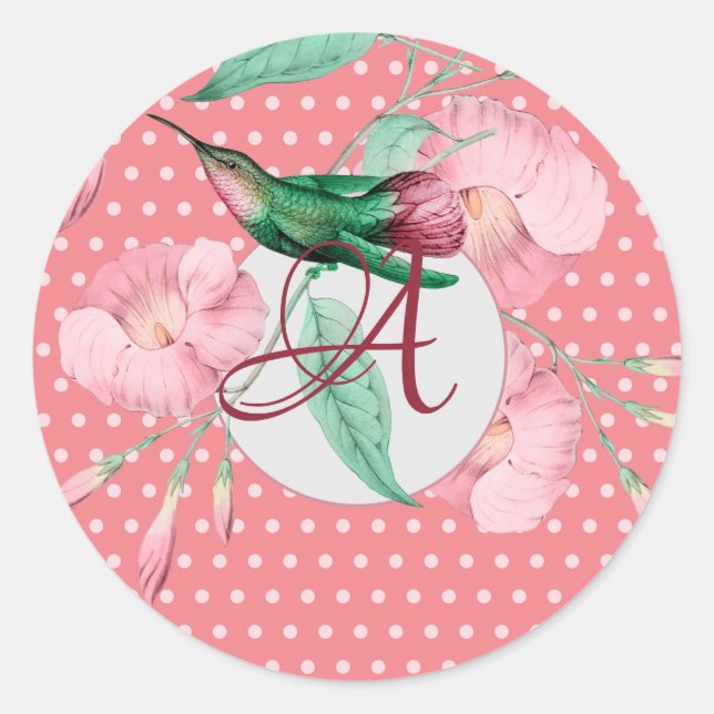 Pegatina Redonda Colibrí Monogramado Floral Pinta Rosa Decoración (Anverso)