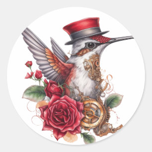 Pegatina Redonda Colibrí Steampunk con Gorra rojo y reloj