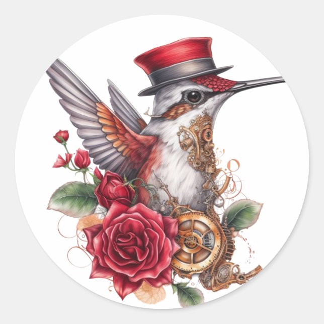 Pegatina Redonda Colibrí Steampunk con Gorra rojo y reloj (Anverso)