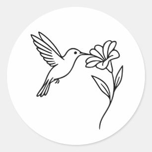 Pegatina Redonda Colibrí y Flor – Arte de Línea Negra Minimalista