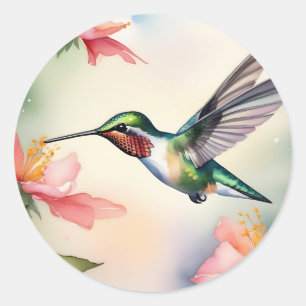 Pegatina Redonda Colibrí Y Flores Acuarela