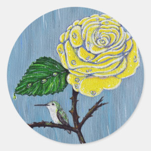 Pegatina Redonda Colibrí y Rosa en pintura de lluvia