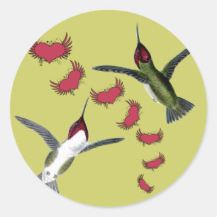Pegatina Redonda Colibríes Corazones Grunge con Alas