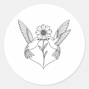 Pegatina Redonda Colibríes en forma de corazón con arte de línea de